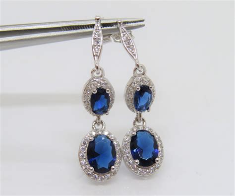 Vintage Sterling Silver Oval Cut Blue Sapphire White Topaz Drop Earrings