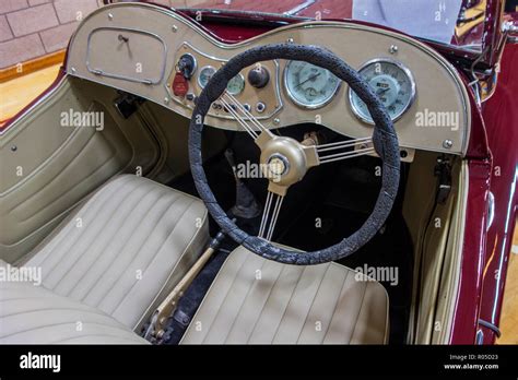 Steering Wheel And Dashboard Of A Classic British Mg Td 1953 Sports Car