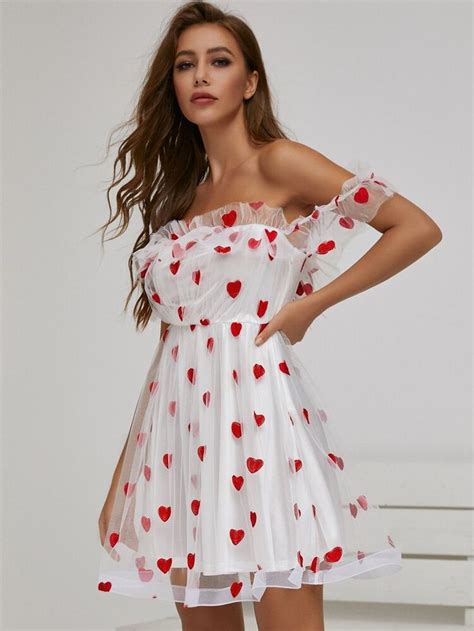 Sbetro Ruffle Trim Heart Embroidery Mesh Dress Beautiful Dresses