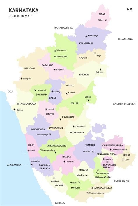 Karnataka is a state in southern india that stretches from belgaum in the north to mangalore in the south. Districts of Karnataka Map North South Karnataka