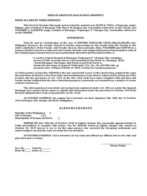 Deed Of Sale Of Real Property Pdf Real Property Deed
