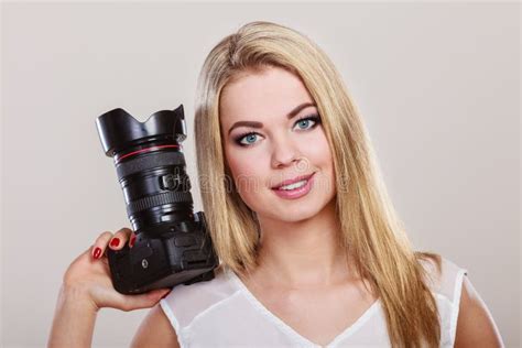 Beautiful Woman With Camera Stock Photo Image Of Journalist