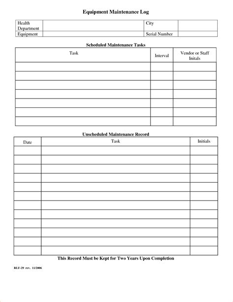 Use this maintenance schedule template to define the cleaning and organizing tasks to be done around the office. Equipment Maintenance Log Template | charlotte clergy coalition
