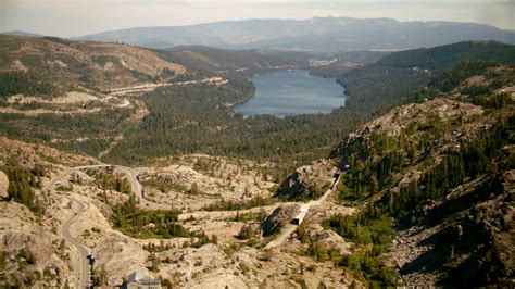 1080 stock footage aerial video of flying over donner pass toward donner lake california aerial