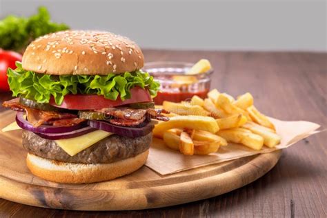 Delicious Large Hamburger With Fries And Ketchup Stock Photo Image Of