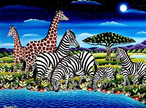 Zebras And Giraffes Under Full Moon Painting By Branko Paradis