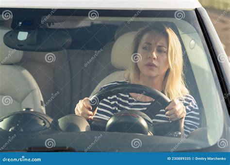 Anxious Scared Woman Driver Worried Looking At Car Accident On Road