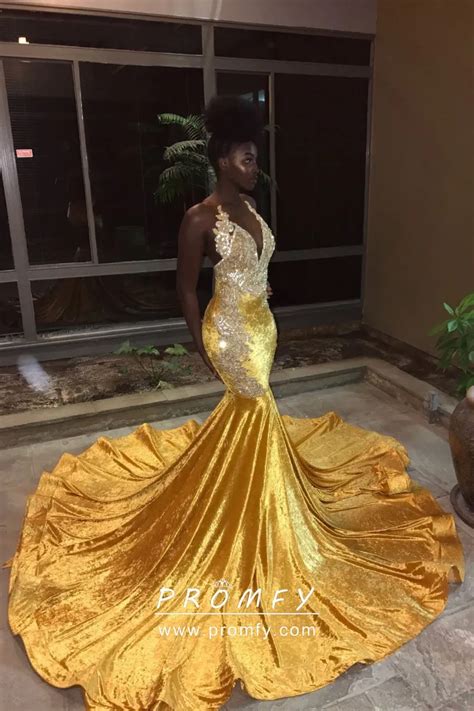 Yellow Velvet Mermaid African American Prom Dress Promfy