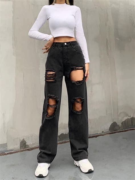 High Waist Button Personality Ripped Loose Straight Leg Pants In 2021 Ripped Jeans Outfit