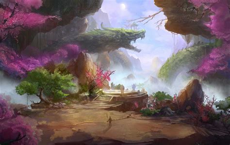 Art Fantasy World Landscape Mountains Rocks Dragon Cherry Asia
