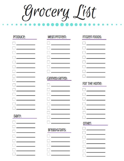 Grocery List Printable Sheet
