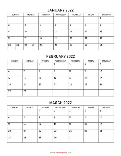 Free January February March 2022 Printable Calendar Free January
