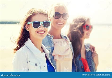 Group Of Smiling Women In Sunglasses On Beach Stock Image Image Of