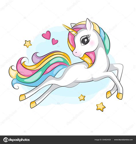 Beautiful Illustration Cute Flying Magical Unicorn Mane Rainbow Colors