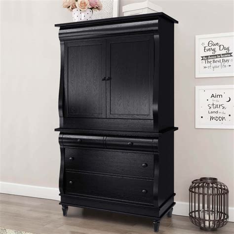 Midnight Empire Solid Wood Bombe Black Bedroom Armoire With Drawers