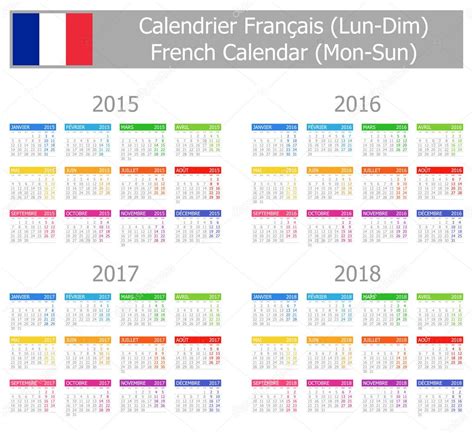 2015 2018 Type 1 Français Calendrier Lun Dim Image Vectorielle Par