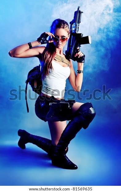 Shot Sexy Military Woman Posing Guns Stock Photo 81569635 Shutterstock