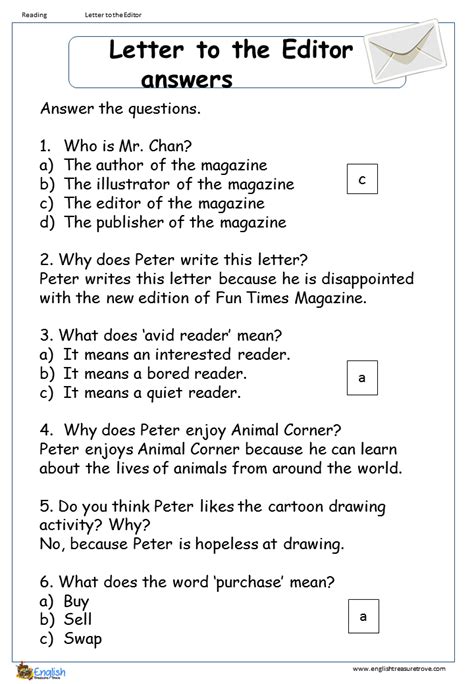 Letter To The Editor Reading Comprehension Worksheet English Treasure