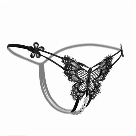 butterfly embroidery thongs cut out open crotch faux pearl panties women s sexy lingerie