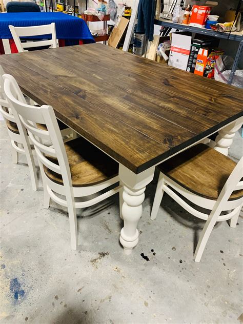 Rustic Farmhouse Table Set With Turned Chunky Legs Bench And Chairs