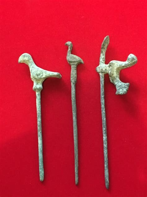 Set Of 3 Roman Ladies Bronze Hair Pins With Birds2nd Century Ancient