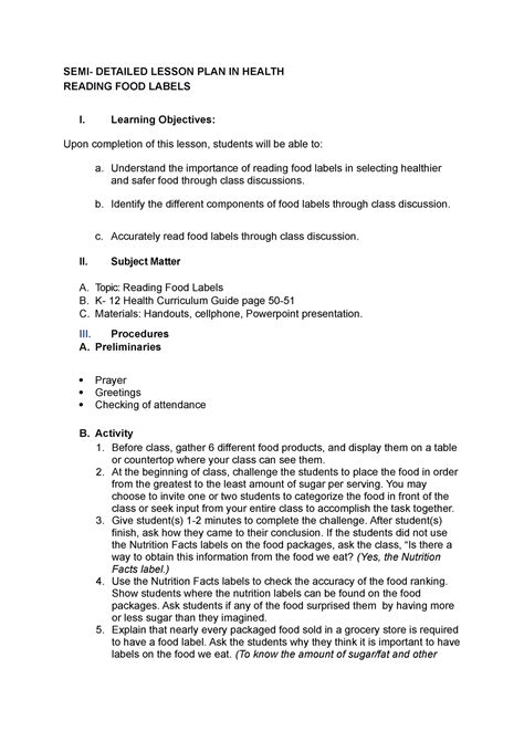 G4 Reading Food Labels Lesson Plan Semi Detailed Lesson Plan In