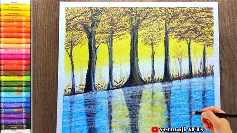 How To Draw Easy Scenery Beautiful Forest Trees In Rainy Days Painting With Oil Pastels Youtube
