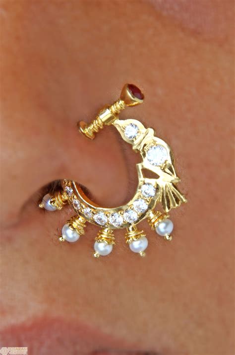 22k Gold Nath Nose Ring With Cz Ruby And Pearls 235 Gnp009 In 3400 Grams