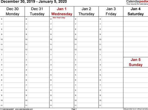 Monday Thru Friday Calendar 2020 Template Calendar Template Printable
