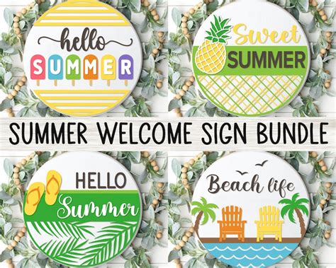 Summer Welcome Sign Bundle Round Door Hanger Svg Summer Sign Etsy