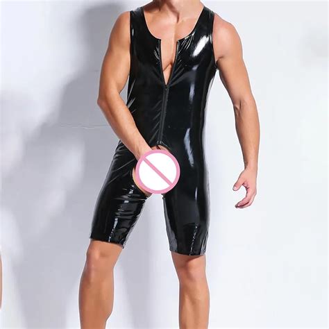 AIIOU Men Fetish Sexy Faux Latex Leather Bodysuits T Back Costumes Gay