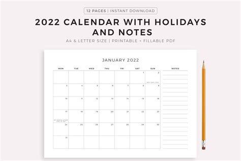 2022 Monthly Calendar With Holidays And Notes Landscape 1623795