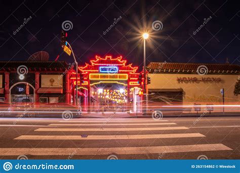 Exterior Of Sidewalk Chinatown Central Plaza Neon Lights Of Building In