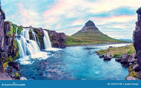 Beautiful Natural Magical Scenery With A Waterfall Kirkjufell Near The