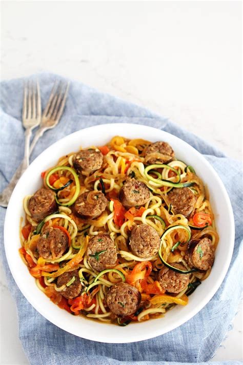 Season with basil, and oregano. Sausage and Peppers with Zucchini Noodles | Two Peas ...