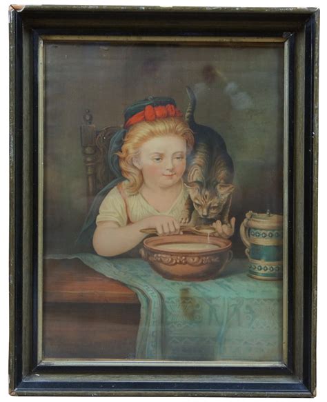 Antique Victorian Colored Lithograph Girl Feeding Cat Bowl Of Etsy