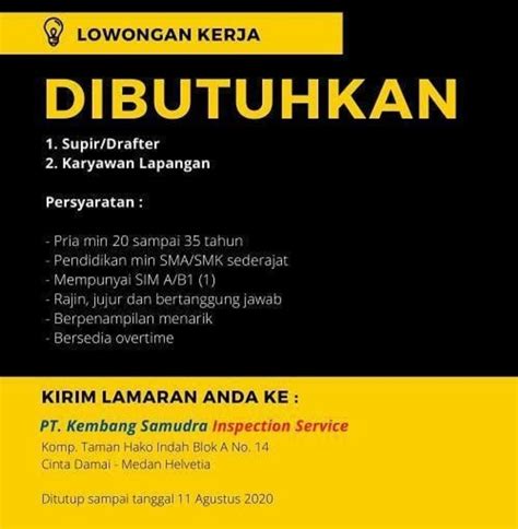 The company has its legal domicile in medan and its head office is registered at j letjend suprapto no 2 medan 20151. Lowongan Kerja SMA/SMK Terbaru di PT Kembang Samudra Inspection Service Medan Agustus 2020 ...