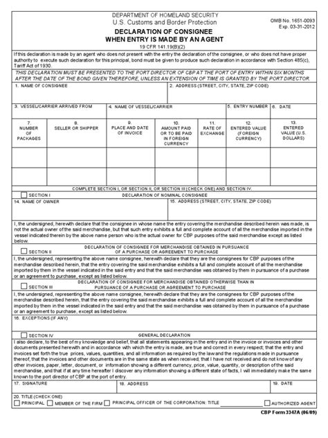Us Customs Form Cbp Form 3347a Declaration Of Consignee When Entry