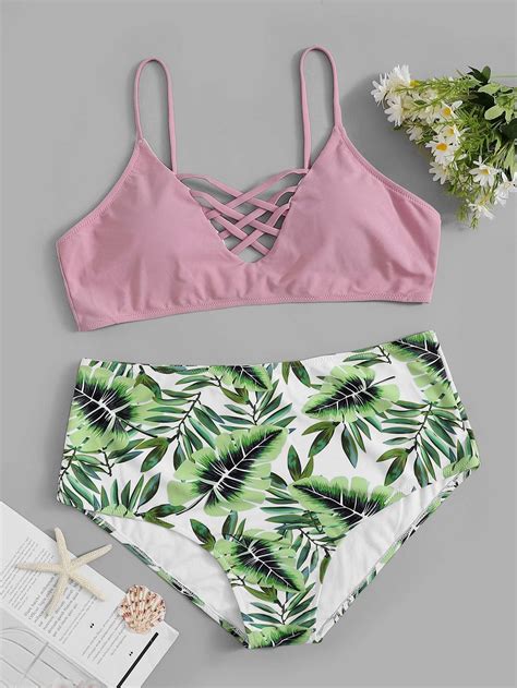 Plus Size Green Leaf Print Bottom With Pink Cami Top Two Piece Bikini Leaf Print Bikini