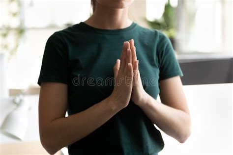 Closeup Cropped Image Woman Holding Palms Together Praying Standing