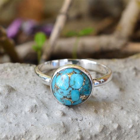 Blue Copper Turquoise Ring Blue Copper Mm Round Gemstone Etsy
