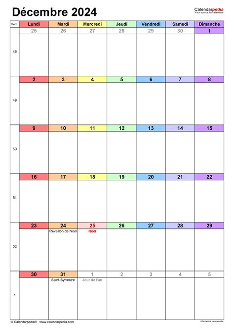 Calendrier décembre 2024 Excel Word et PDF Calendarpedia