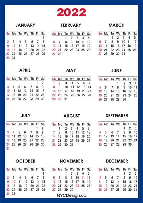 2022 Calendar With Us Holidays Printable A4 Paper Size Blue