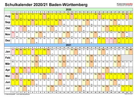 Alle jahrestermine wie feiertage und ferien auf einen blick. Schulkalender 2020/2021 Baden-Württemberg für PDF