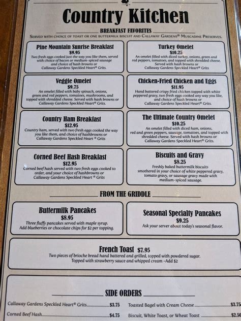 Menu at Callaway Gardens Country Kitchen Restaurant, Pine Mountain