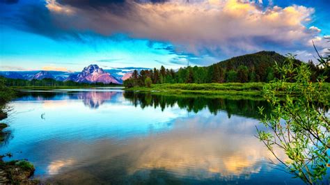 Download Wallpaper 1920x1080 Lake Mountains Clouds Smooth Surface