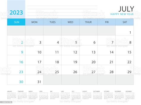 Calendar 2023 Year Template July Layout Design Planner Simple Desk