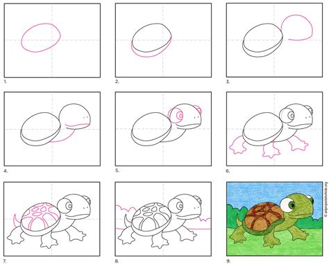 Step by step drawing tutorial on how to draw a hawksbill turtle. How to Draw a Cartoon Turtle · Art Projects for Kids