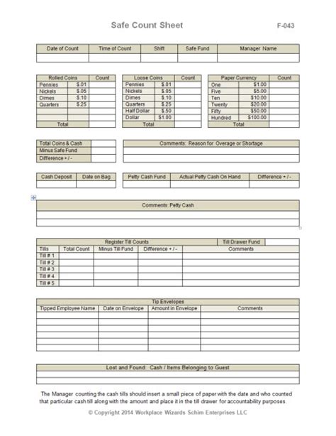 Safe Count Sheet Workplace Wizards Restaurant Consulting