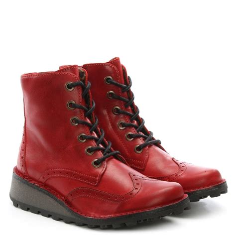 Fly London Marl Red Leather Low Wedge Lace Up Ankle Boots Lyst